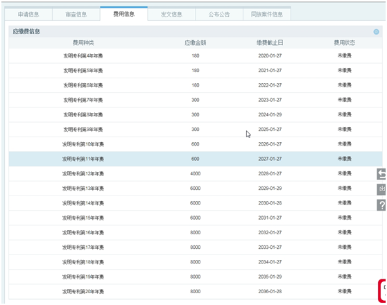 專利費用信息查詢